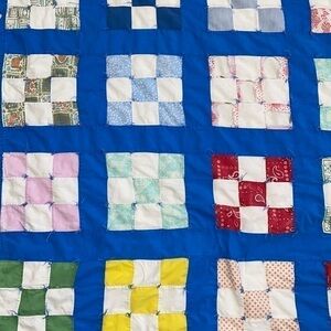 Vintage Antique Handcrafted Bright Blue Square Patchwork Checkered Quilt